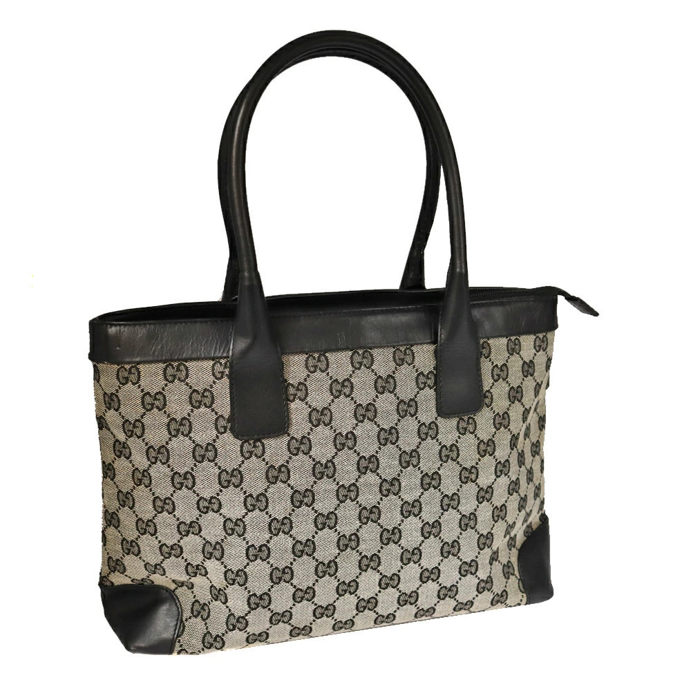 GUCCI Tote Bag Shoulder Handbag GG Canvas Leather Black Gray
